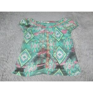 Urban Mangoz Shirt Womens XL Green Geometric Beaded Embroidered Boho Tunic Top